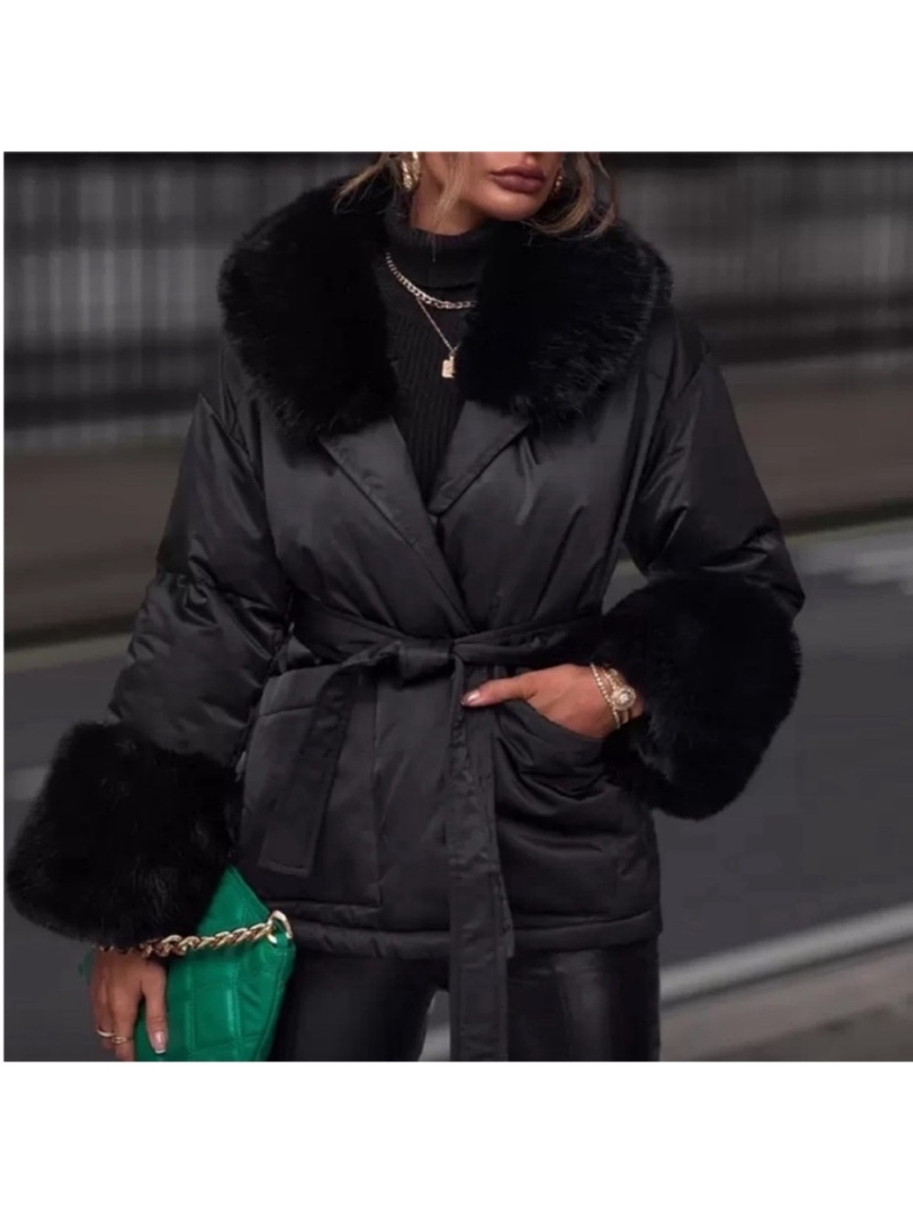 Women's Black Faux-Fur Trim Belted Puffer Coat